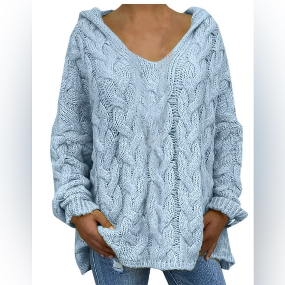 Wishlist Chunky Oversized Pale Blue Women's Blue Cable Knit V-Neck Sweater S/M